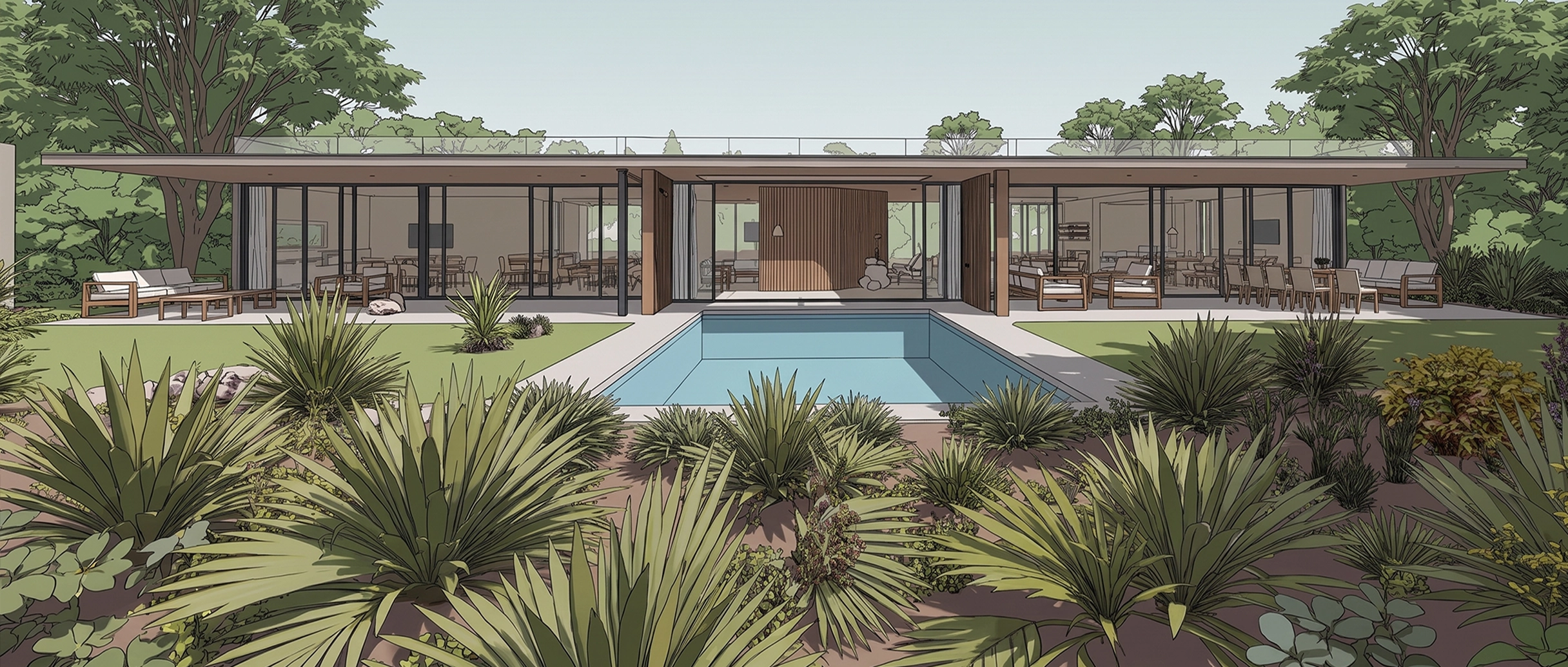Supplied render of a glass pavilion with flat, illustrative planting